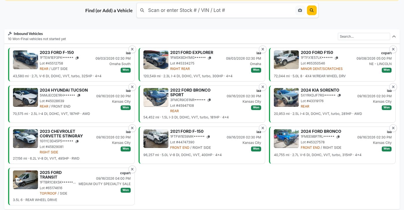 Find or add a vehicle, and the Inbound Vehicles you won at auction