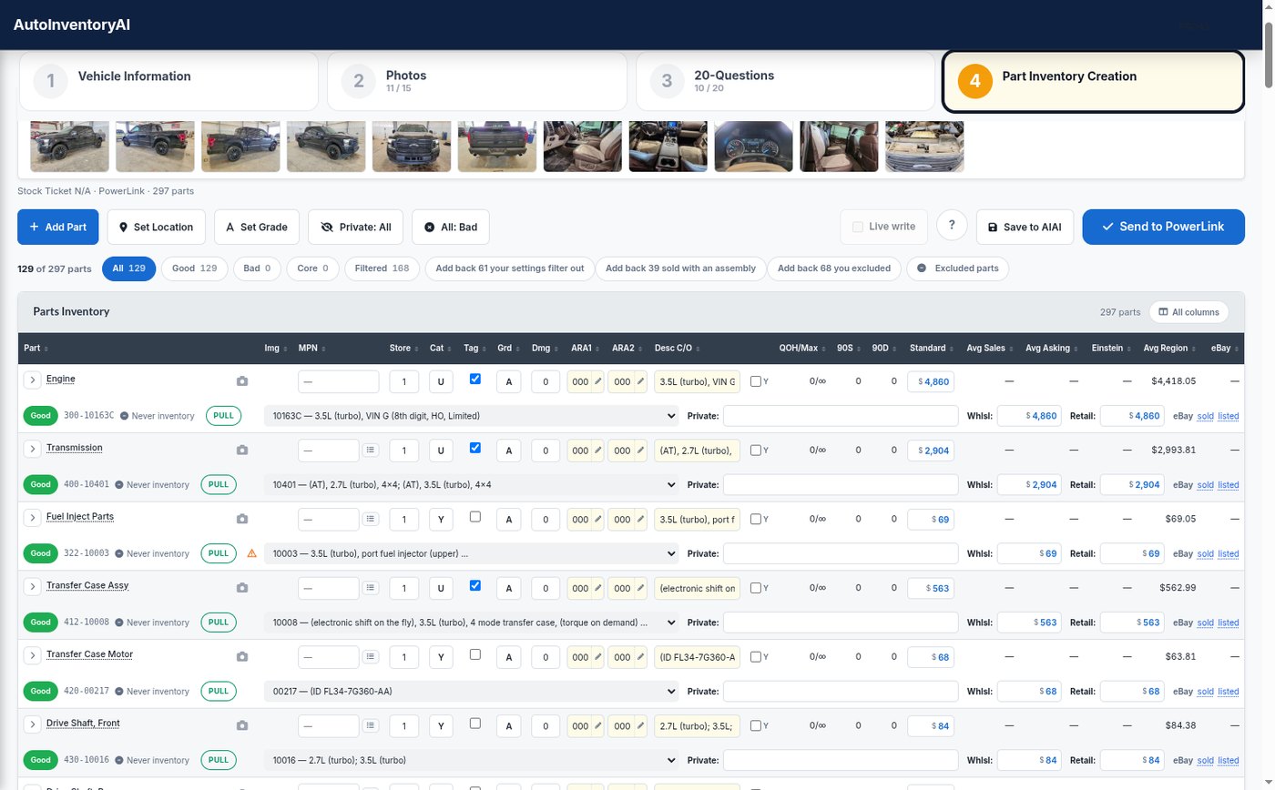 AutoInventoryAI Part Inventory Creation: the four steps, the auction photos, and the parts grid with interchange, grade, category and prices for each part