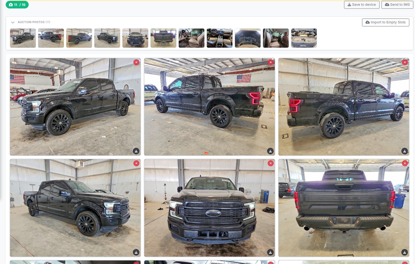 The Photos step: auction photos attached to the vehicle